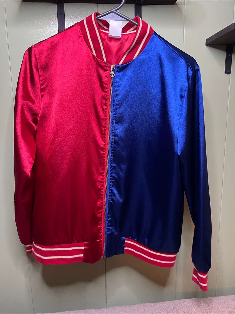 Two-Tone Red and Blue Satin Bomber Jacket